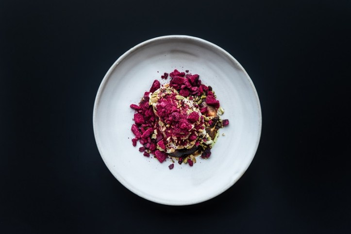 Blackwattle_Pumpkin seed sorbet_ burnt meringue_ freeze dried plum