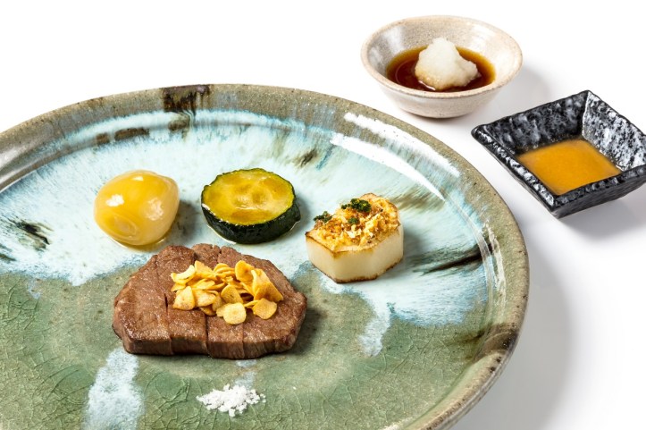 Japanese Wagyu Beef Fillet with Turnip Zuchinni and Simmered Deep-fried Shallot