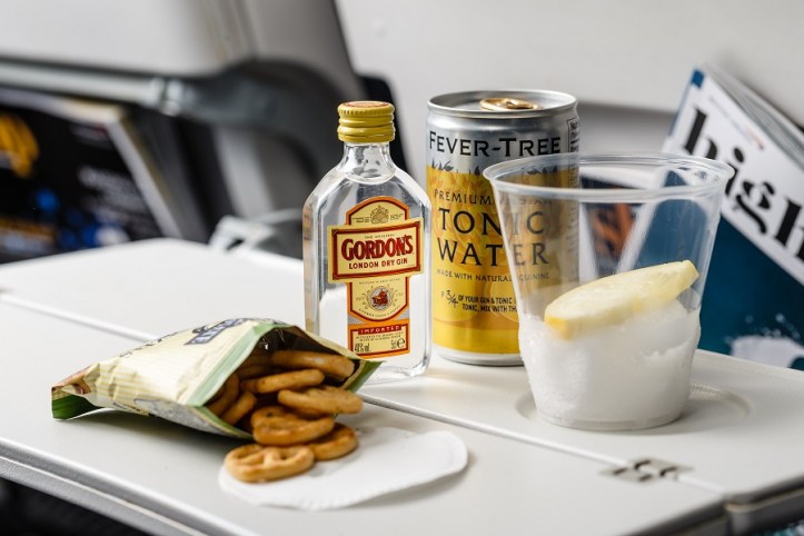 British Airways' new World Traveller catering - pretzels and a gin &amp; tonic