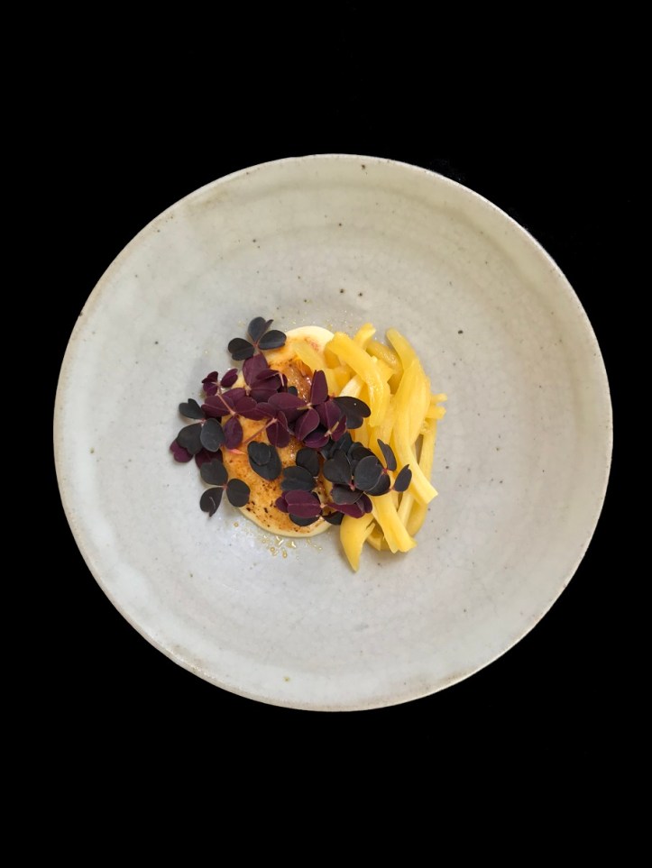Blackwattle,jackfruit custard, oxalis