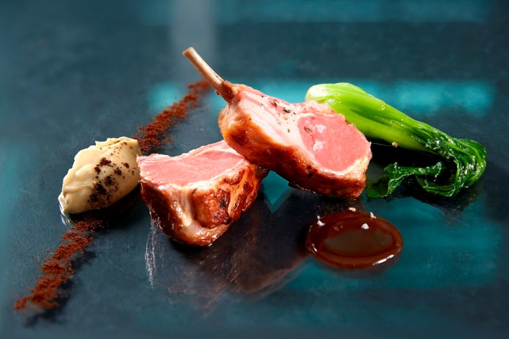 sous-vide and pan-fried Queensland farm rack of lamb roasted eggplant puree bok-choy coffee powder_credits solostepstudio