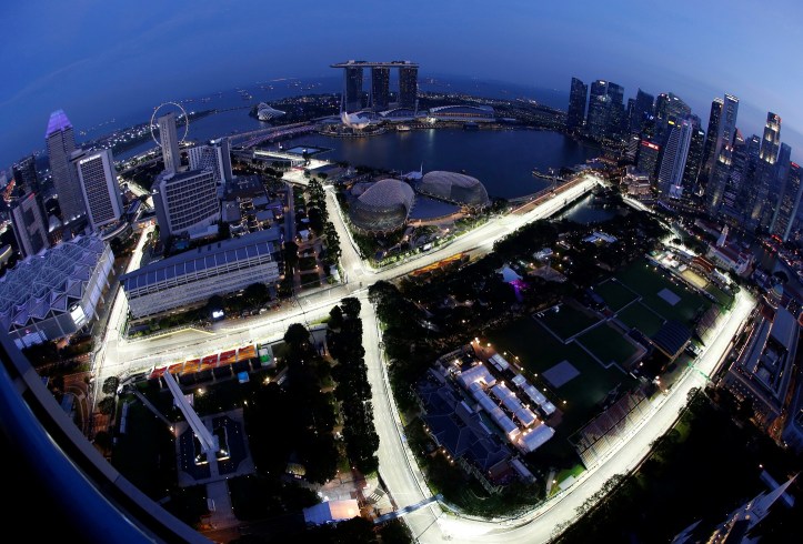 The Marina Bay street circuit is lit up ahead of the Singapore F1 Grand Prix Night Race in Singapore