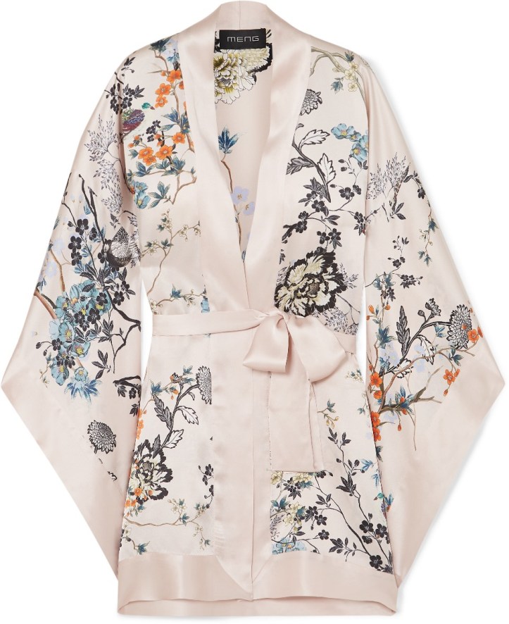 Floral-print silk-satin kimono