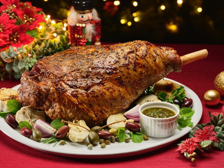 Rosemary & Garlic Roast Lamb Leg (Bone-In) with Chimichurri, Artichokes & Capers