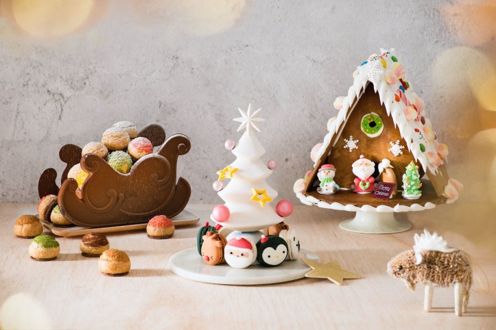 Macaron Tree with Choux Sleigh and Gingerbread House