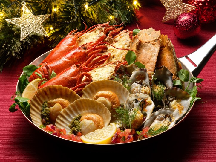 Lobster Thermidor; Baked Oysters; Grilled Crayfish with Lime Butter; Grilled Scallops with Salsa Verde (2)