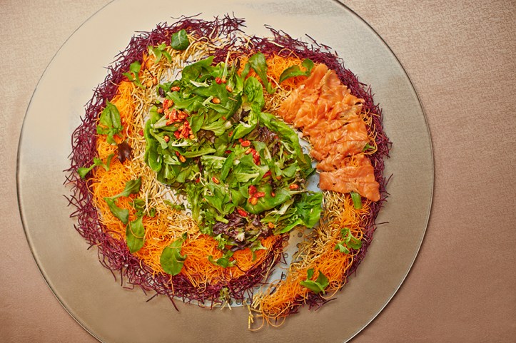 Prosperity Yu Sheng (Salmon Belly) with Organic Seasonal Greens and wolf...