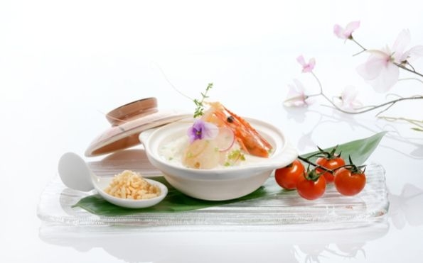 Poached Rice with Seafood in Superior Broth served with Crispy Rice